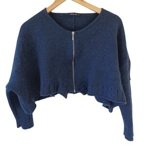 Grizas Blue Wool Cashmere Cropped Zip Up Sweater Size Large Made in EU Lagenlook